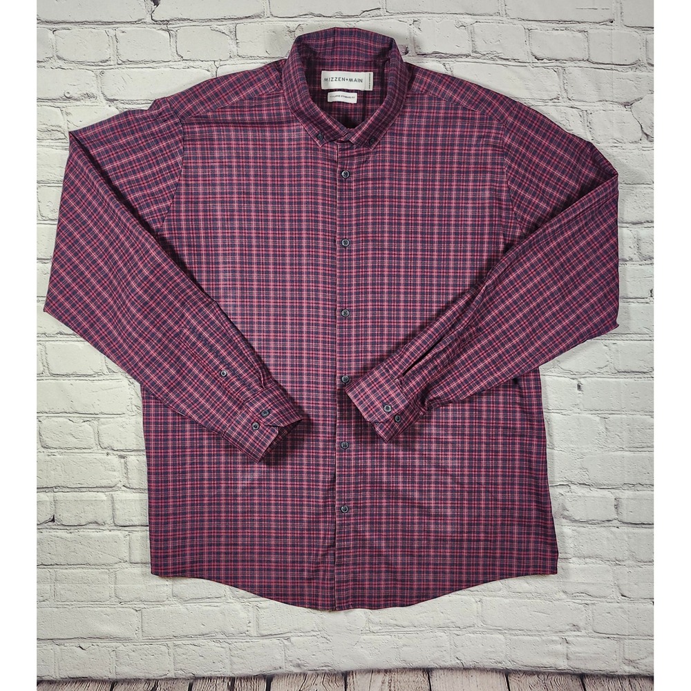 Mizzen+Main Mens XXL Red Navy Plaid Performance Dress Shirt FL-3001 Standard Fit